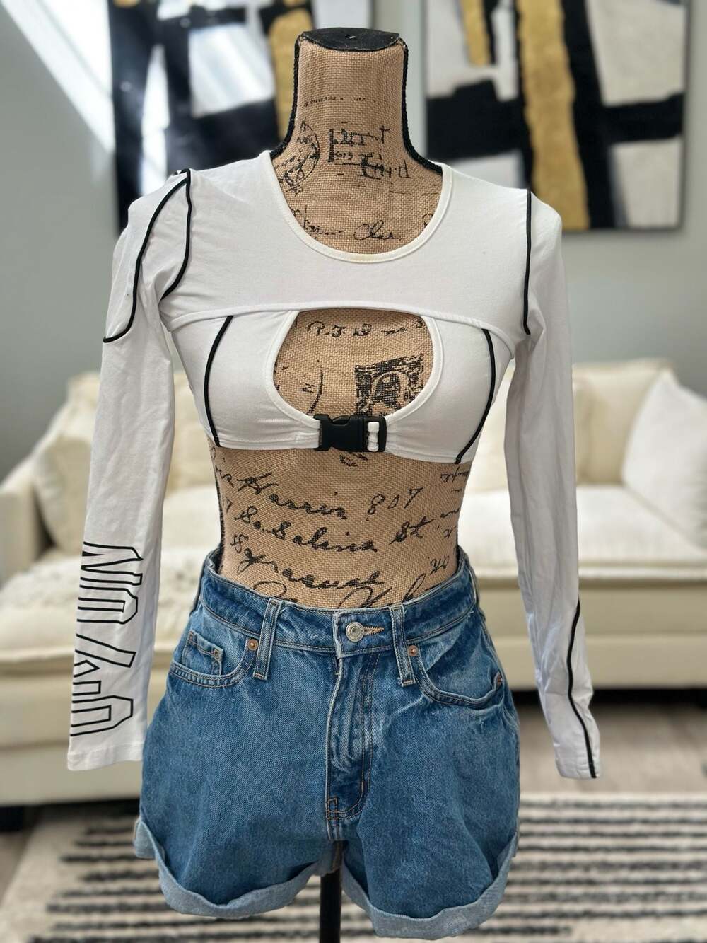 White Long Sleeve Cut-Out Crop Top with Buckle Detail